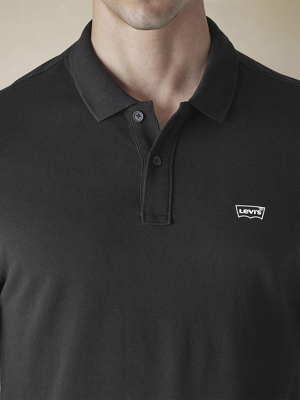 Men's Solid Black Slim Fit Pique Polo T-shirt - Detail View