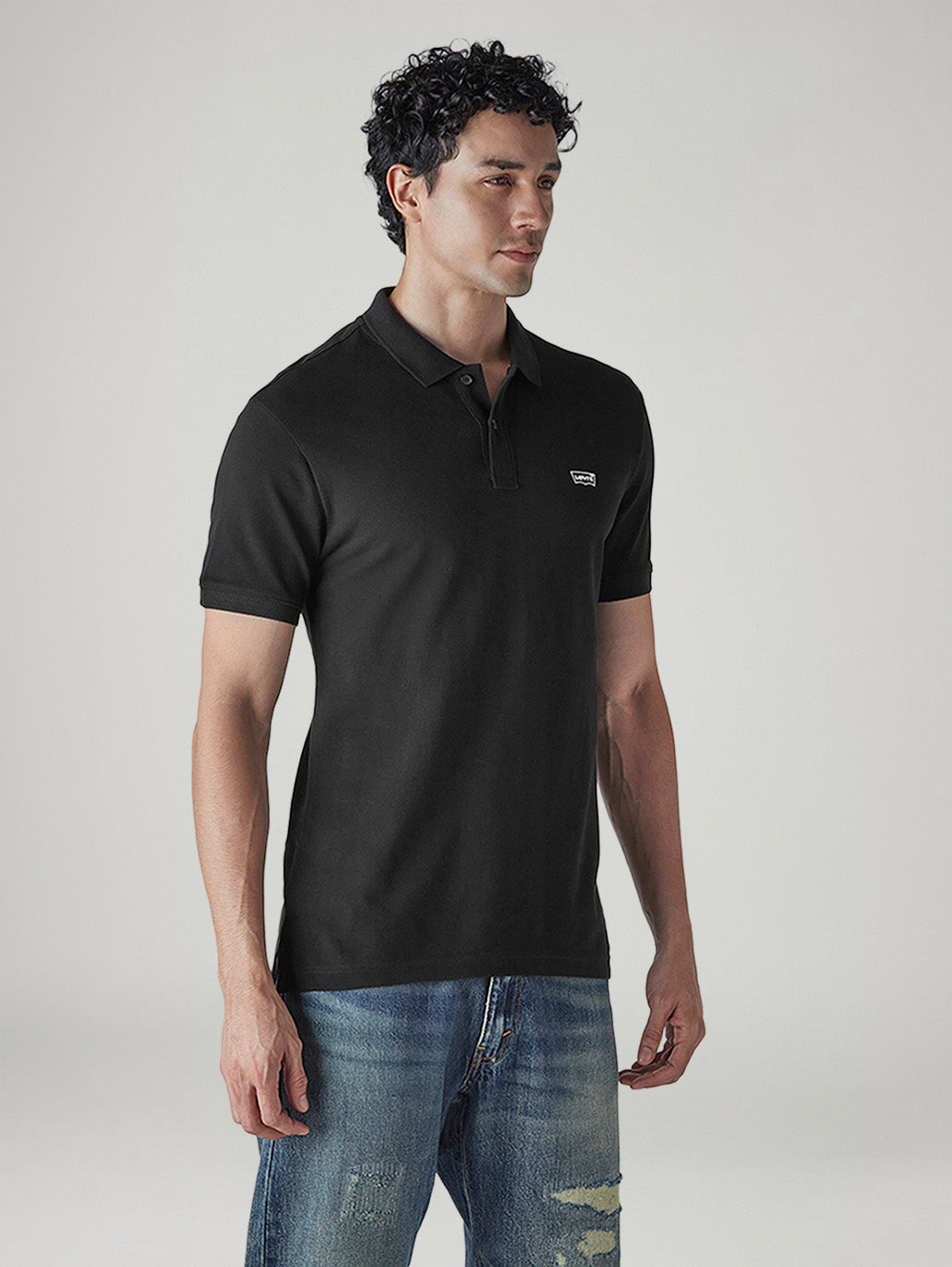 Men's Solid Black Slim Fit Pique Polo T-shirt - Side View