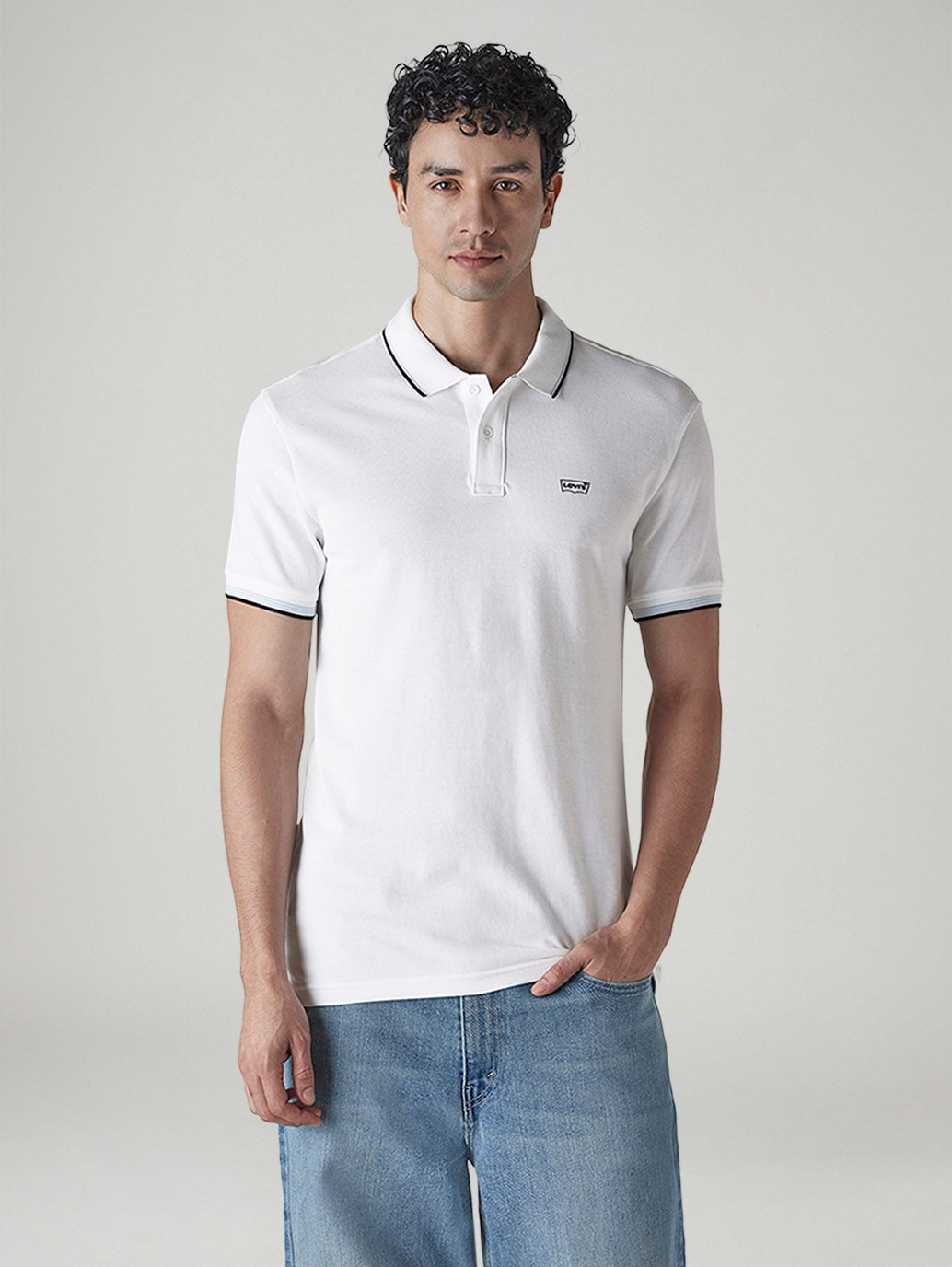 Men's Solid White Slim Fit Pique Polo T-shirt - Front View
