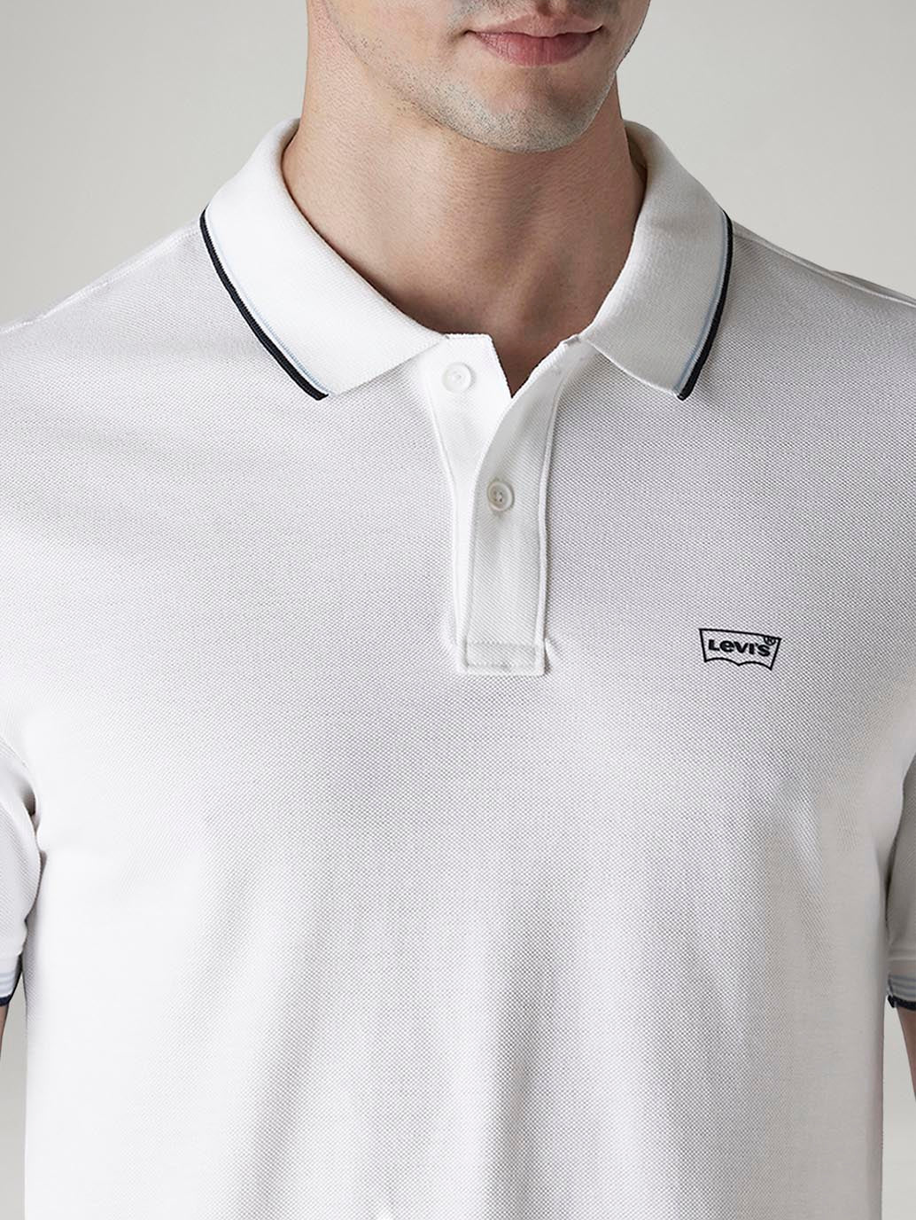 Men's Solid White Slim Fit Pique Polo T-shirt - Detail View