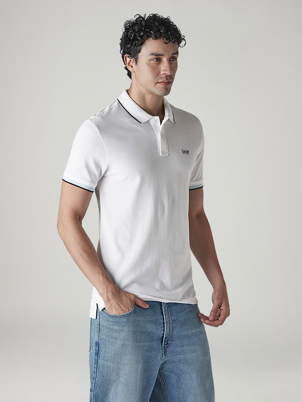 Men's Solid White Slim Fit Pique Polo T-shirt - Side View
