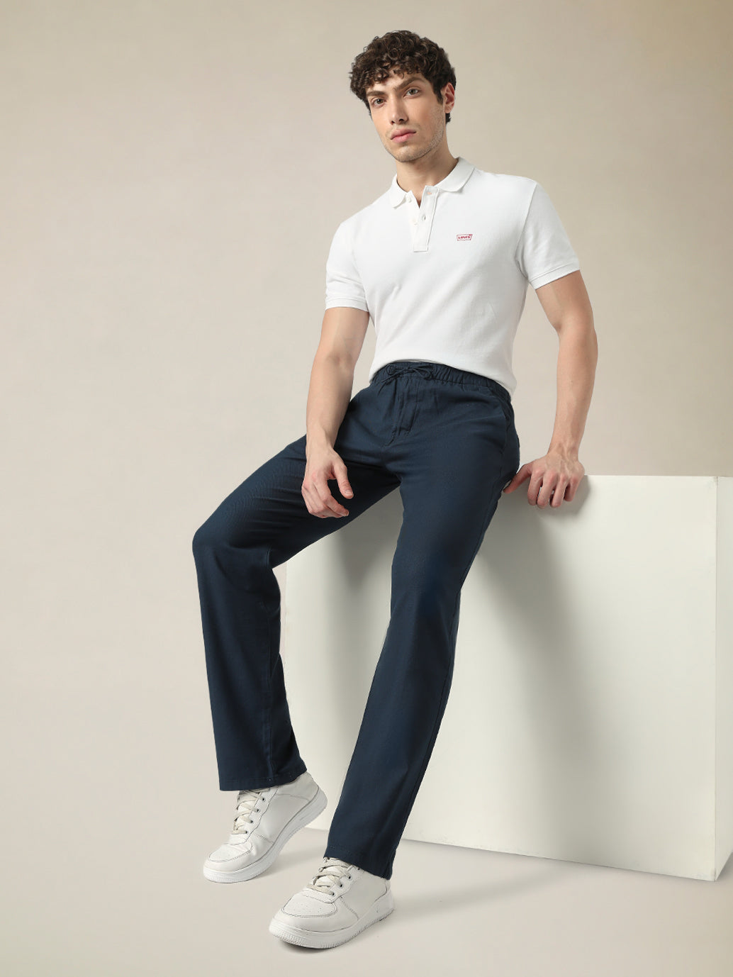 Men's Dark Blue Relaxed Straight Fit Mid Rise Chinos - Styleshot View