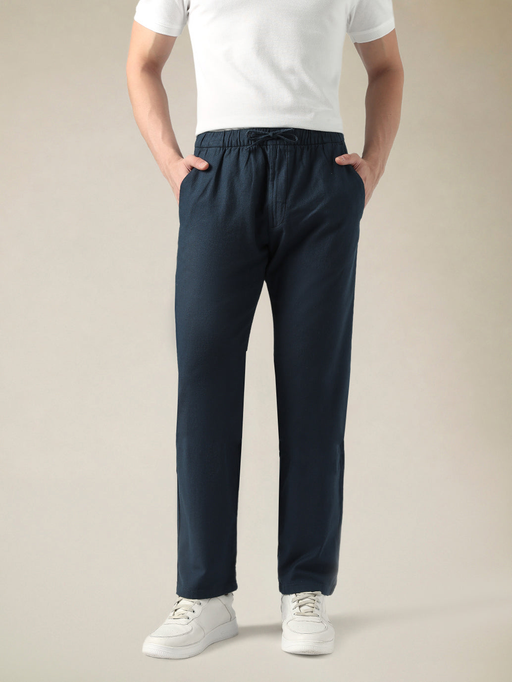 Men's Dark Blue Relaxed Straight Fit Mid Rise Chinos - Front View
