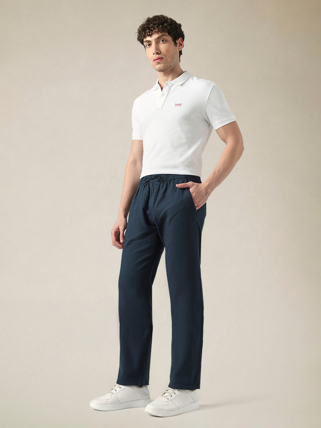 Men's Dark Blue Relaxed Straight Fit Mid Rise Chinos - Side View