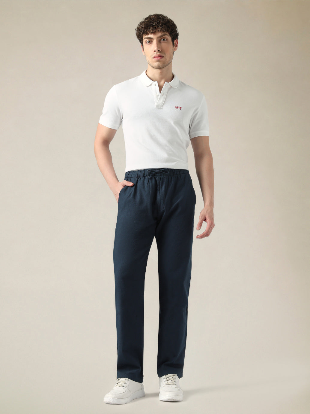 Men's Dark Blue Relaxed Straight Fit Mid Rise Chinos - front View