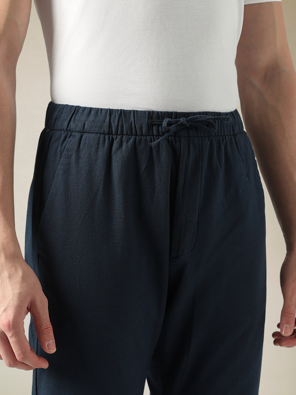 Men's Dark Blue Relaxed Straight Fit Mid Rise Chinos - Detail View