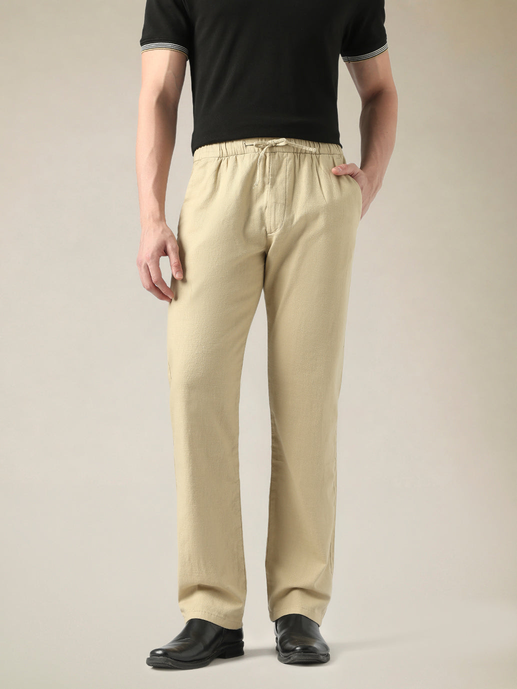 Men's Beige Relaxed Straight Fit Mid Rise Chinos - Front View