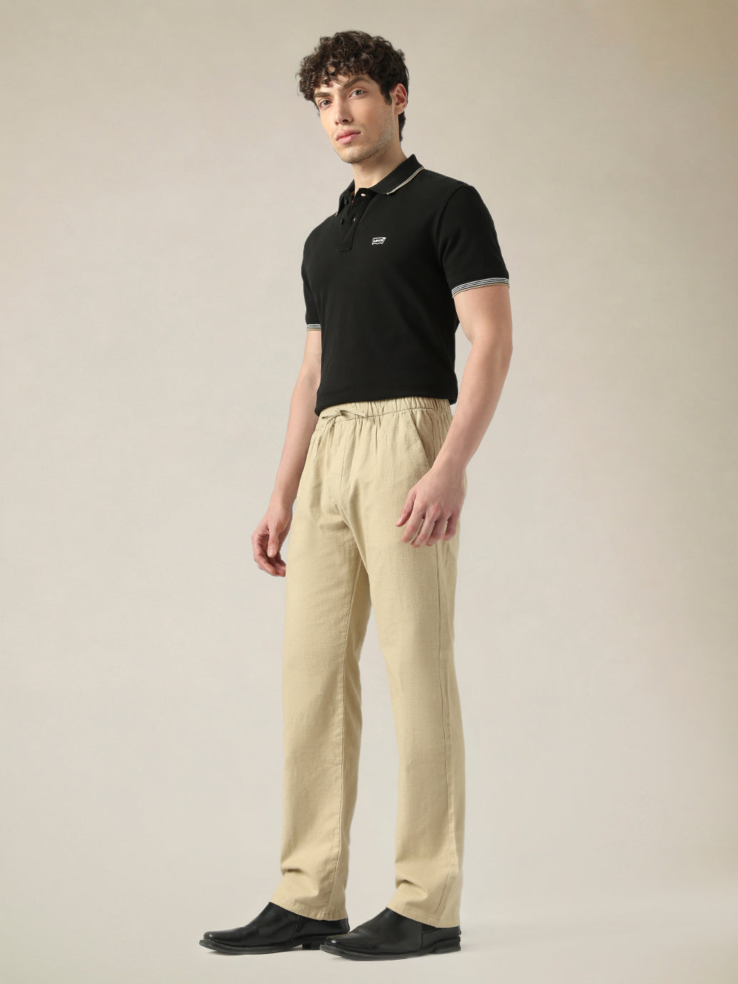 Men's Beige Relaxed Straight Fit Mid Rise Chinos - Side View