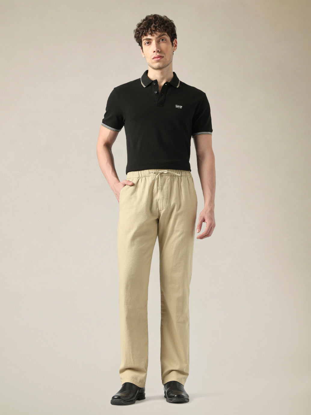 Men's Beige Relaxed Straight Fit Mid Rise Chinos - Front View