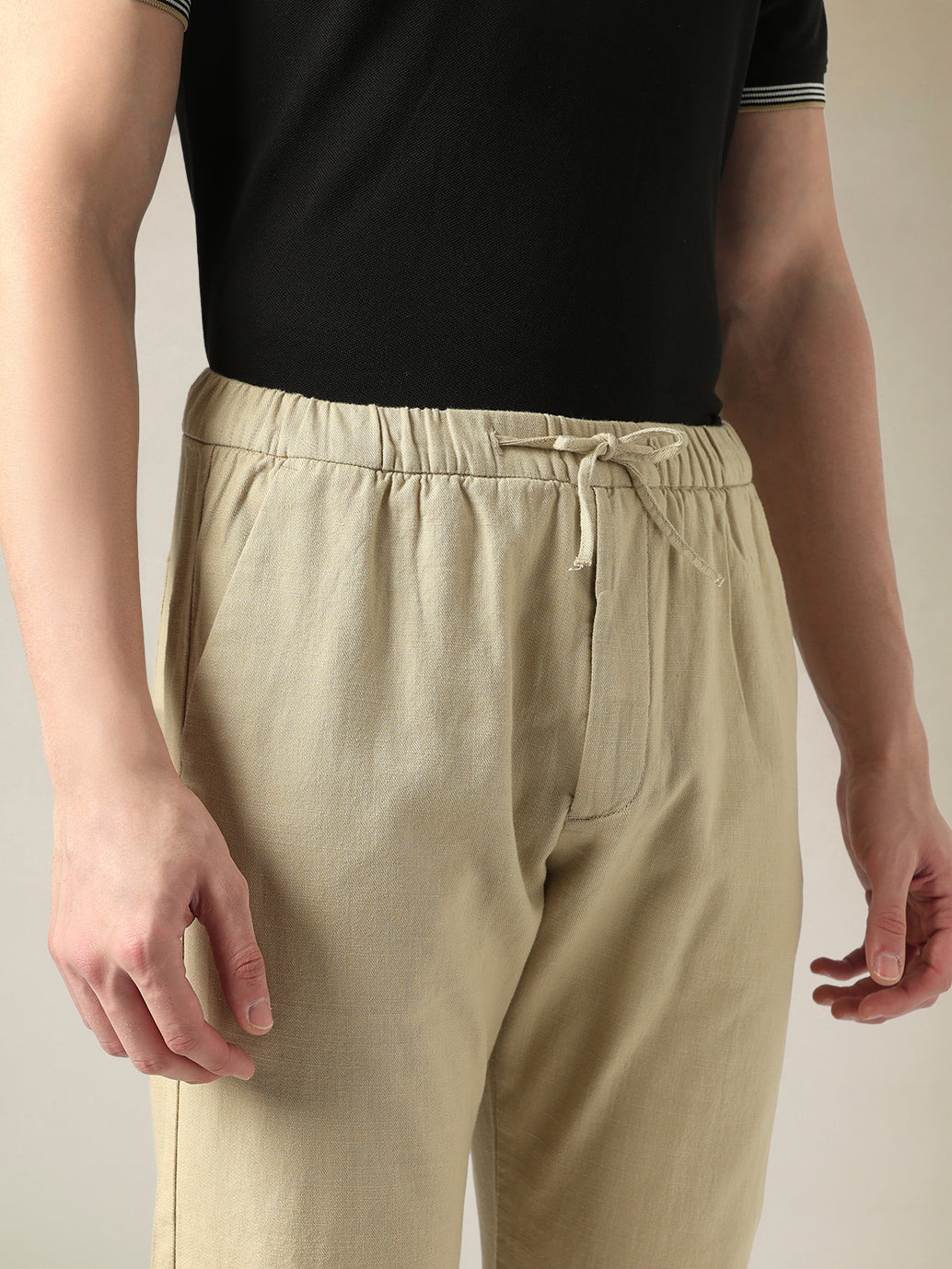 Men's Beige Relaxed Straight Fit Mid Rise Chinos - Detail View