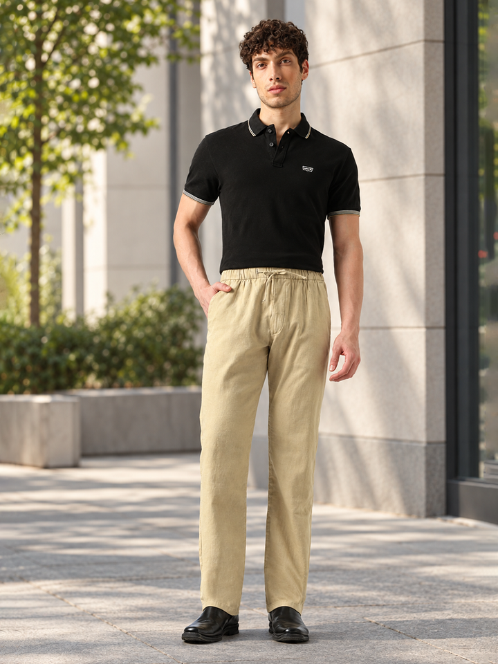 Men's Beige Relaxed Straight Fit Mid Rise Chinos