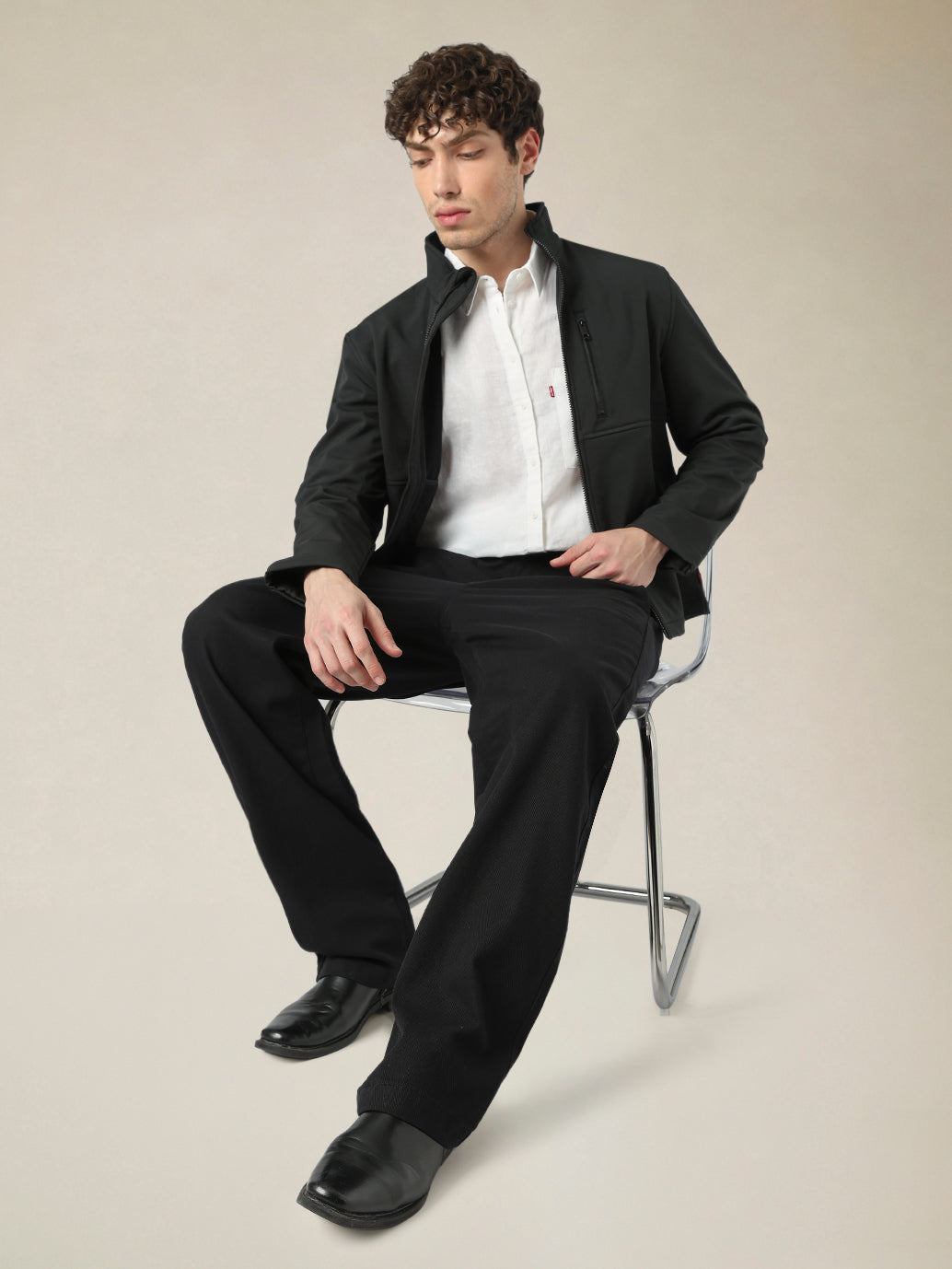 Men's Black Wide Leg Fit Mid Rise Chinos - Styleshot View