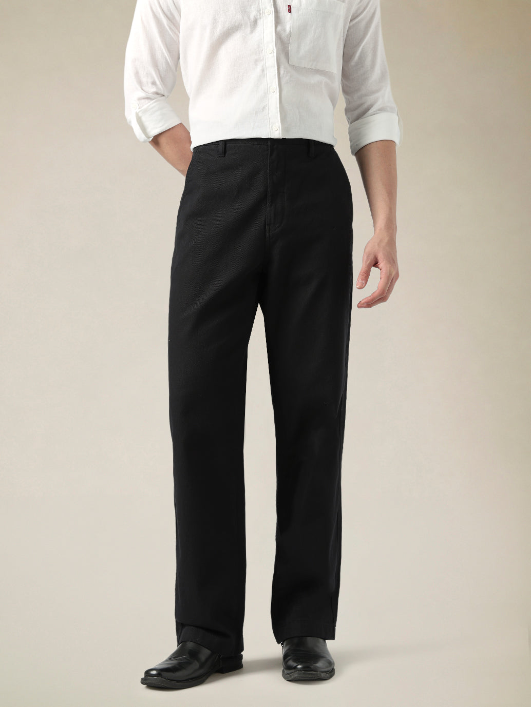 Men's Black Wide Leg Fit Mid Rise Chinos - Front View