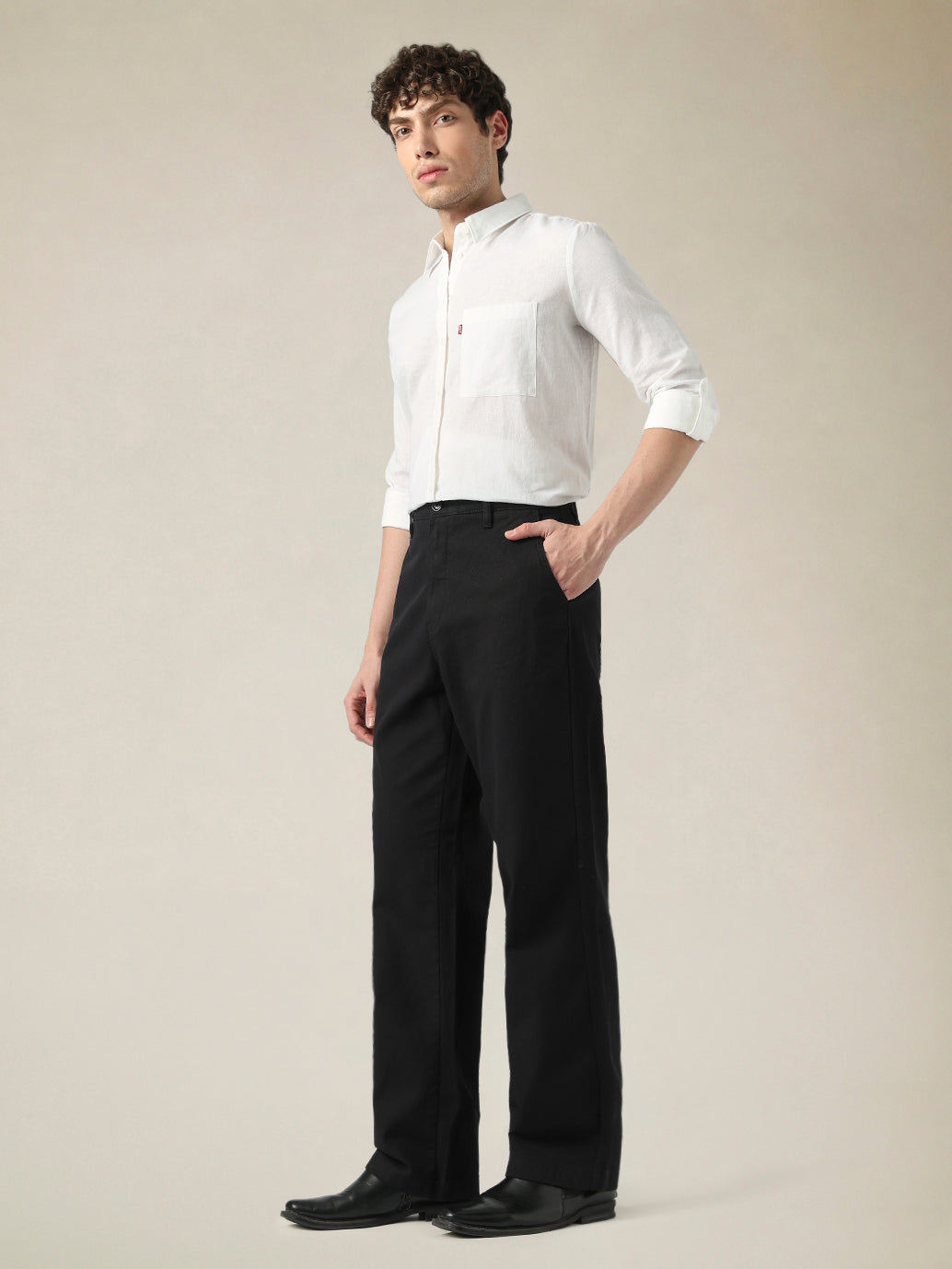 Men's Black Wide Leg Fit Mid Rise Chinos - side View