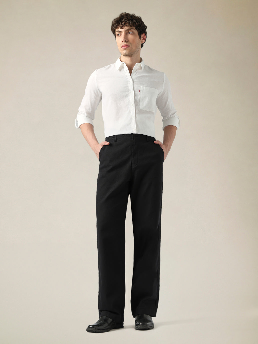 Men's Black Wide Leg Fit Mid Rise Chinos - side View