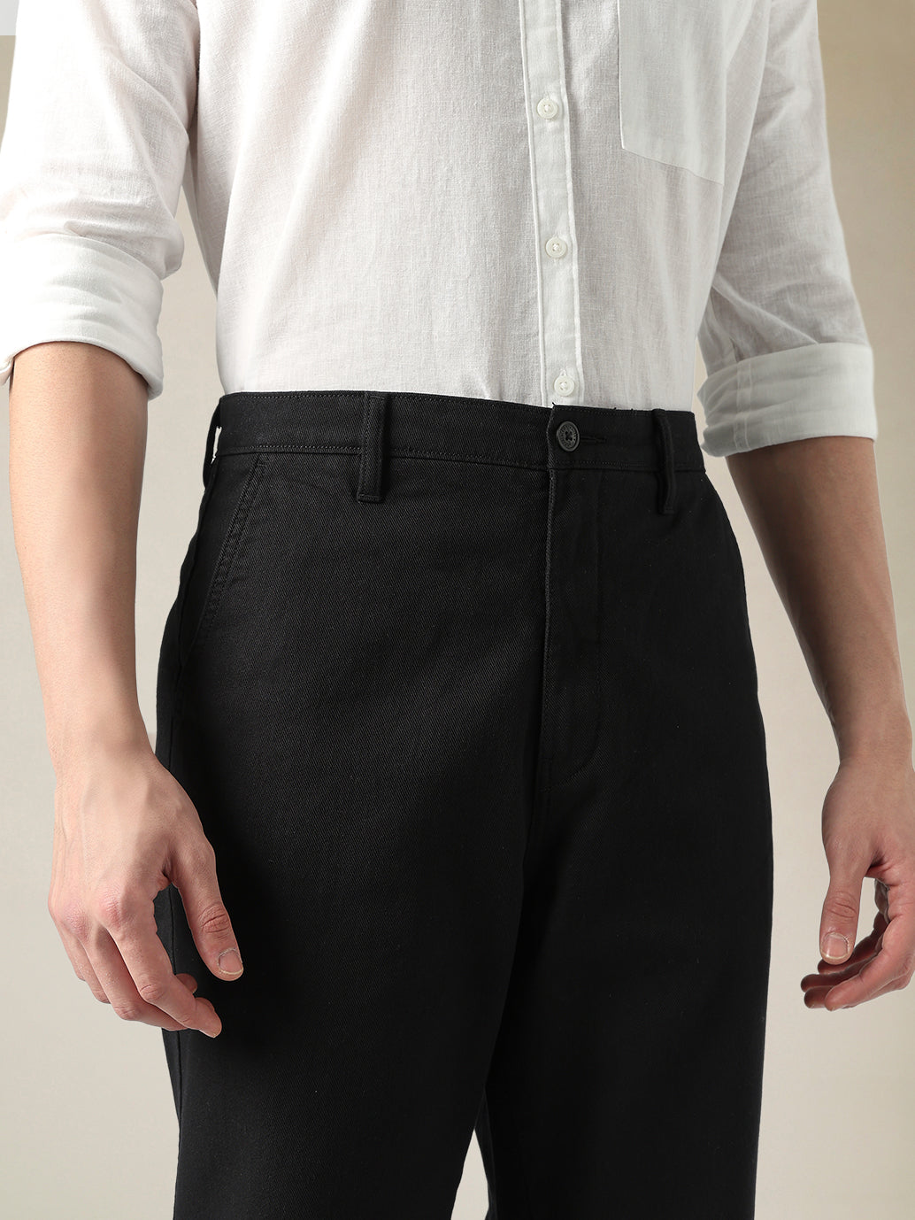 Men's Black Wide Leg Fit Mid Rise Chinos - Detail View