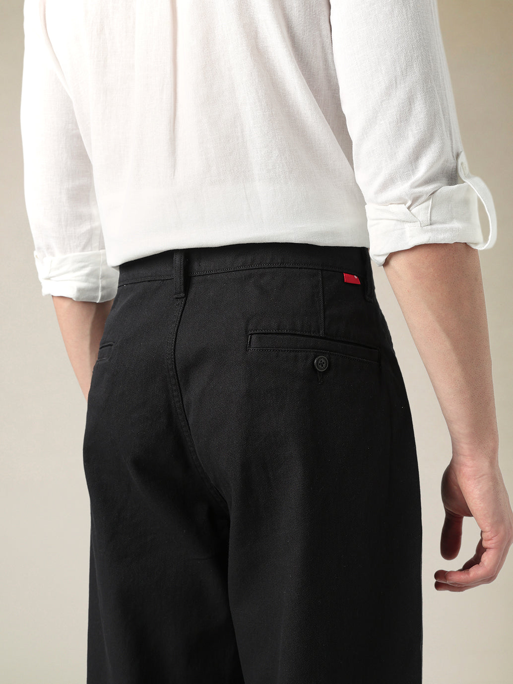 Men's Black Wide Leg Fit Mid Rise Chinos - detail View