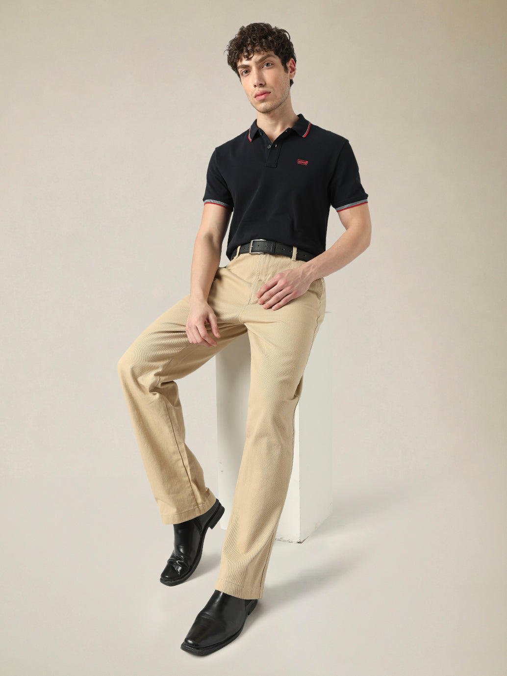 Men's Beige Wide Leg Fit Mid Rise Chinos - Styleshot View