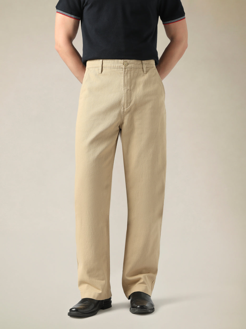 Men's Beige Wide Leg Fit Mid Rise Chinos - Front View