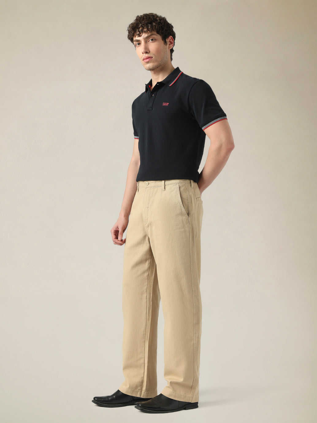 Men's Beige Wide Leg Fit Mid Rise Chinos - Side View