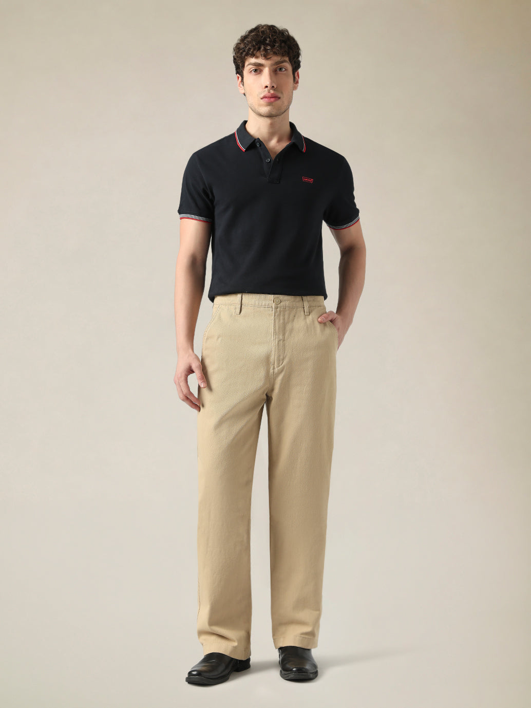 Men's Beige Wide Leg Fit Mid Rise Chinos - Front View