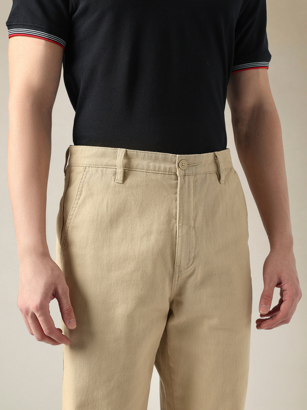 Men's Beige Wide Leg Fit Mid Rise Chinos - Detail View