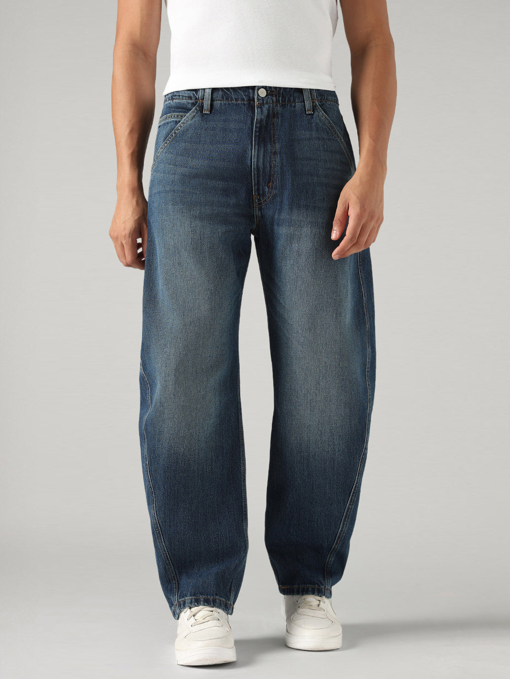 Men's Dark Blue Baggy Fit Mid Rise Cinch Jeans - Front View