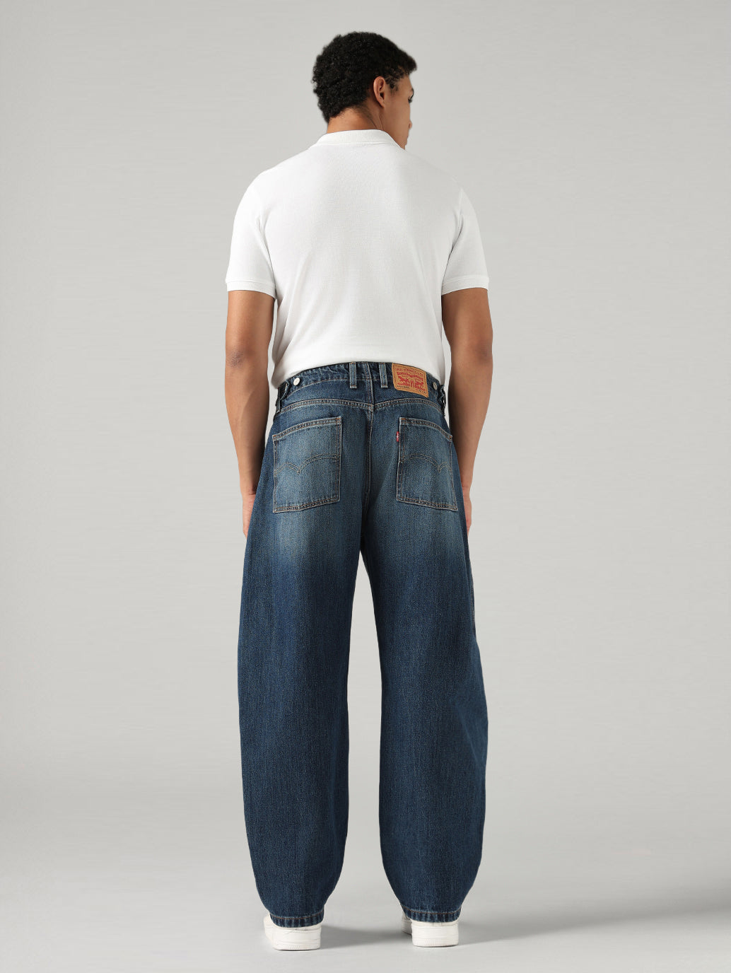 Men's Dark Blue Baggy Fit Mid Rise Cinch Jeans - Back View