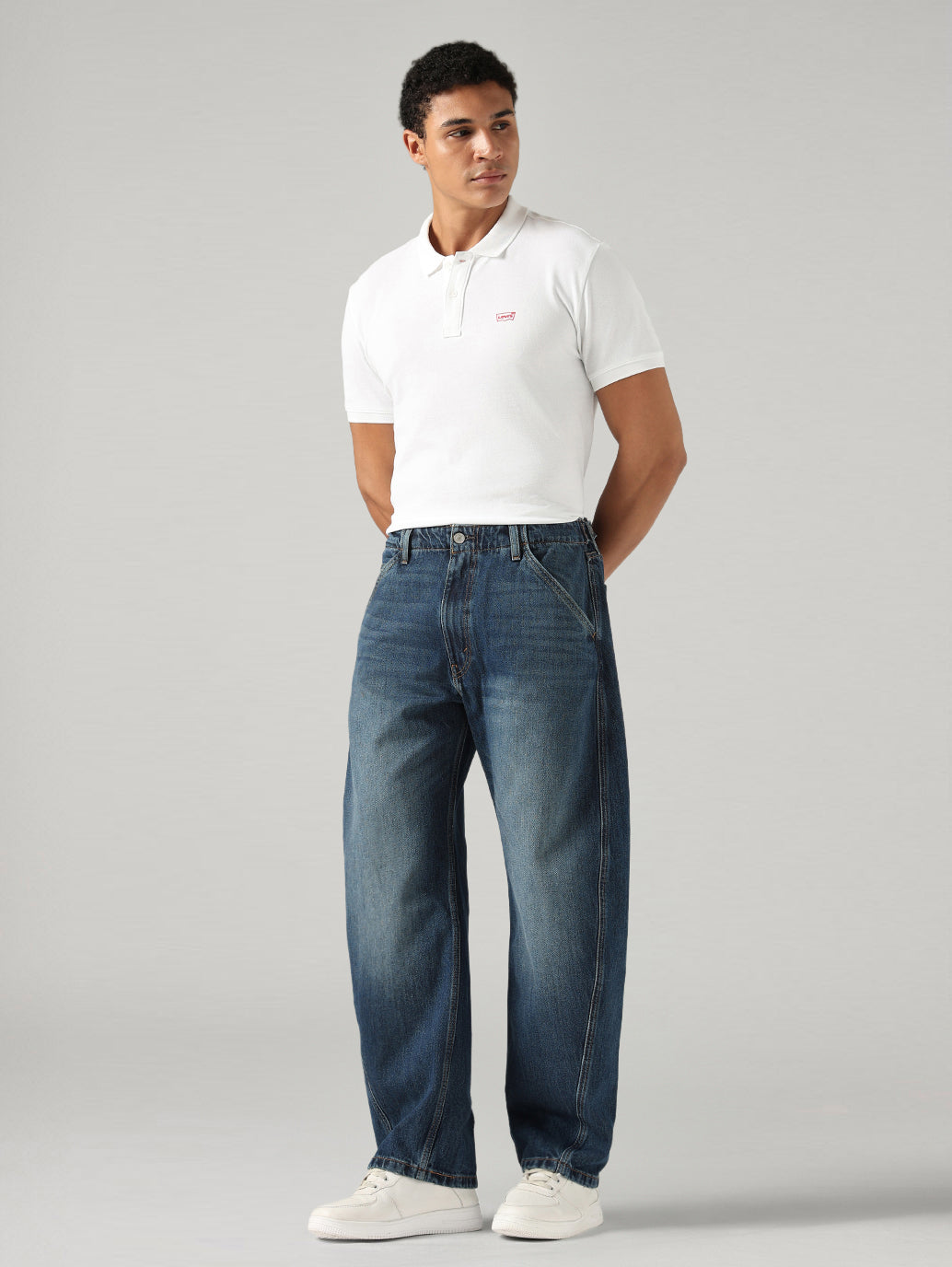 Men's Dark Blue Baggy Fit Mid Rise Cinch Jeans - SIde View