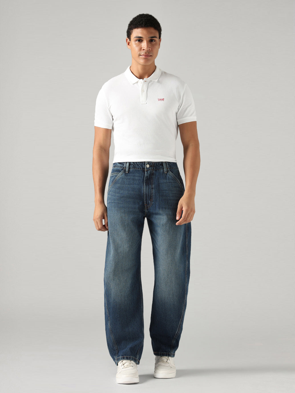 Men's Dark Blue Baggy Fit Mid Rise Cinch Jeans - Front View