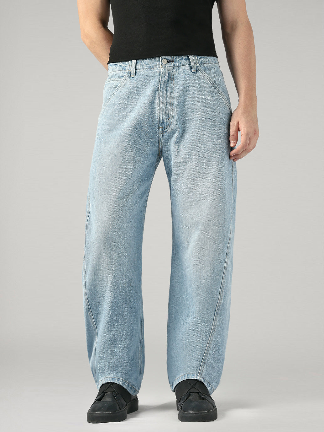 Men's Blue Baggy Barrel Fit Mid Rise Cinch Jeans - Front View