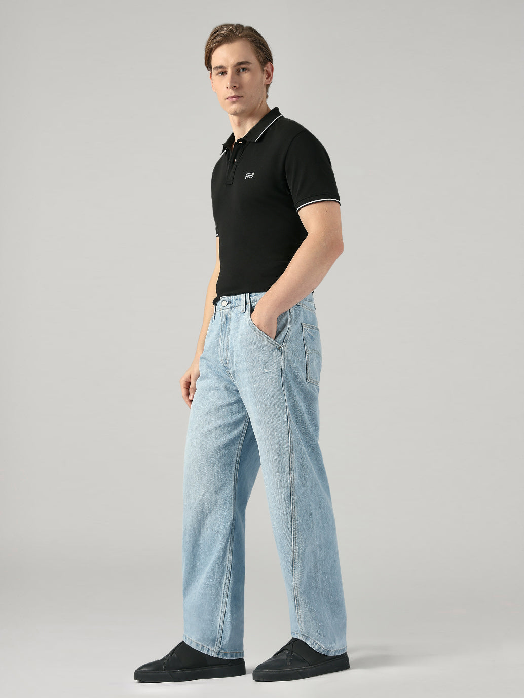 Men's Blue Baggy Barrel Fit Mid Rise Cinch Jeans - Side View