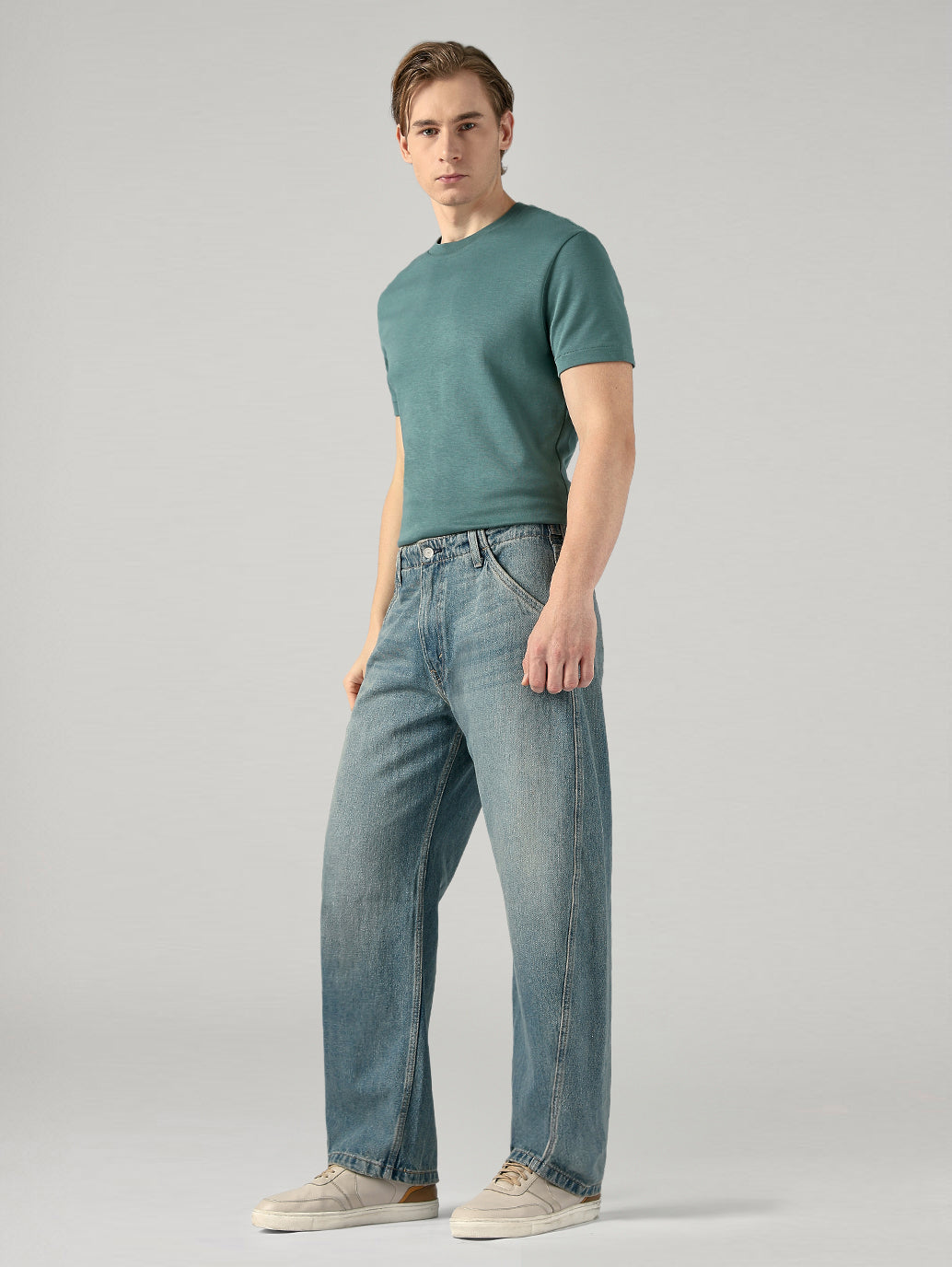 Men's Blue Baggy Barrel Fit Mid Rise Cinch Jeans - Side View