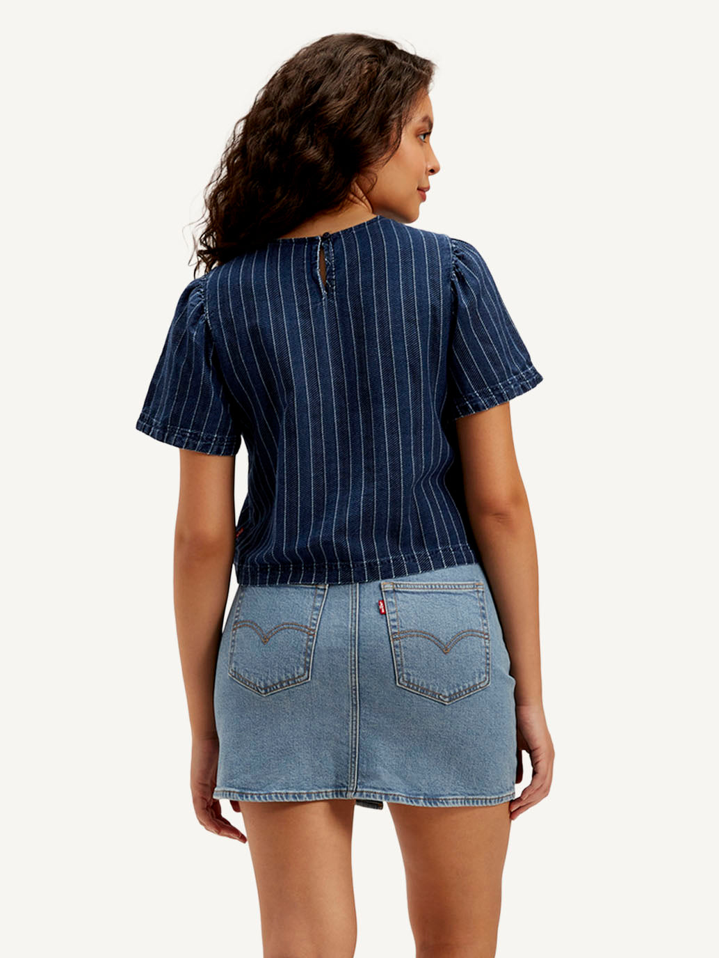 Women's Striped Dark Blue Round Neck Denim Top - 01ab1cfede8d4fce008410f508d069d4 View