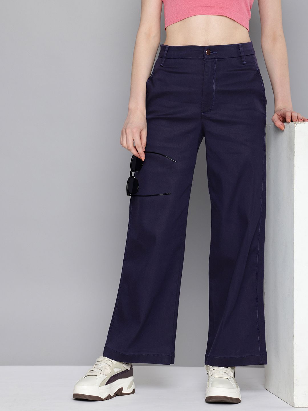 Women's Redloop Navy Blue Ribcage Bell Bottom Wide Leg Fit High Rise Jeans