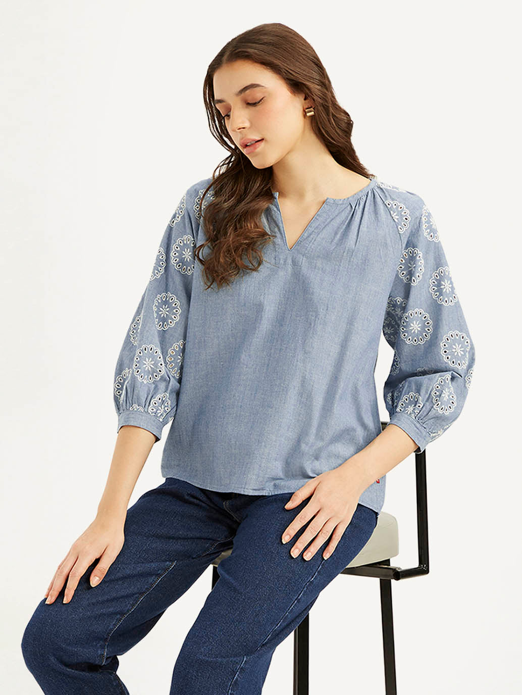 Women's Embroidered Blue Round Neck Top