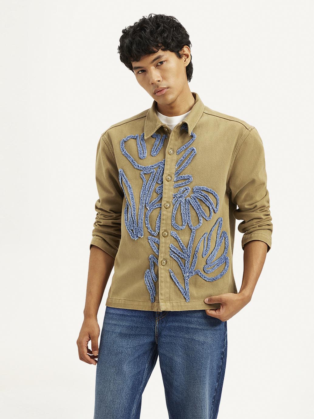 Men's Embroidered Brown Relaxed Fit Shacket - 05590c5f6489b06b4b9067c8eb7e0e9f View