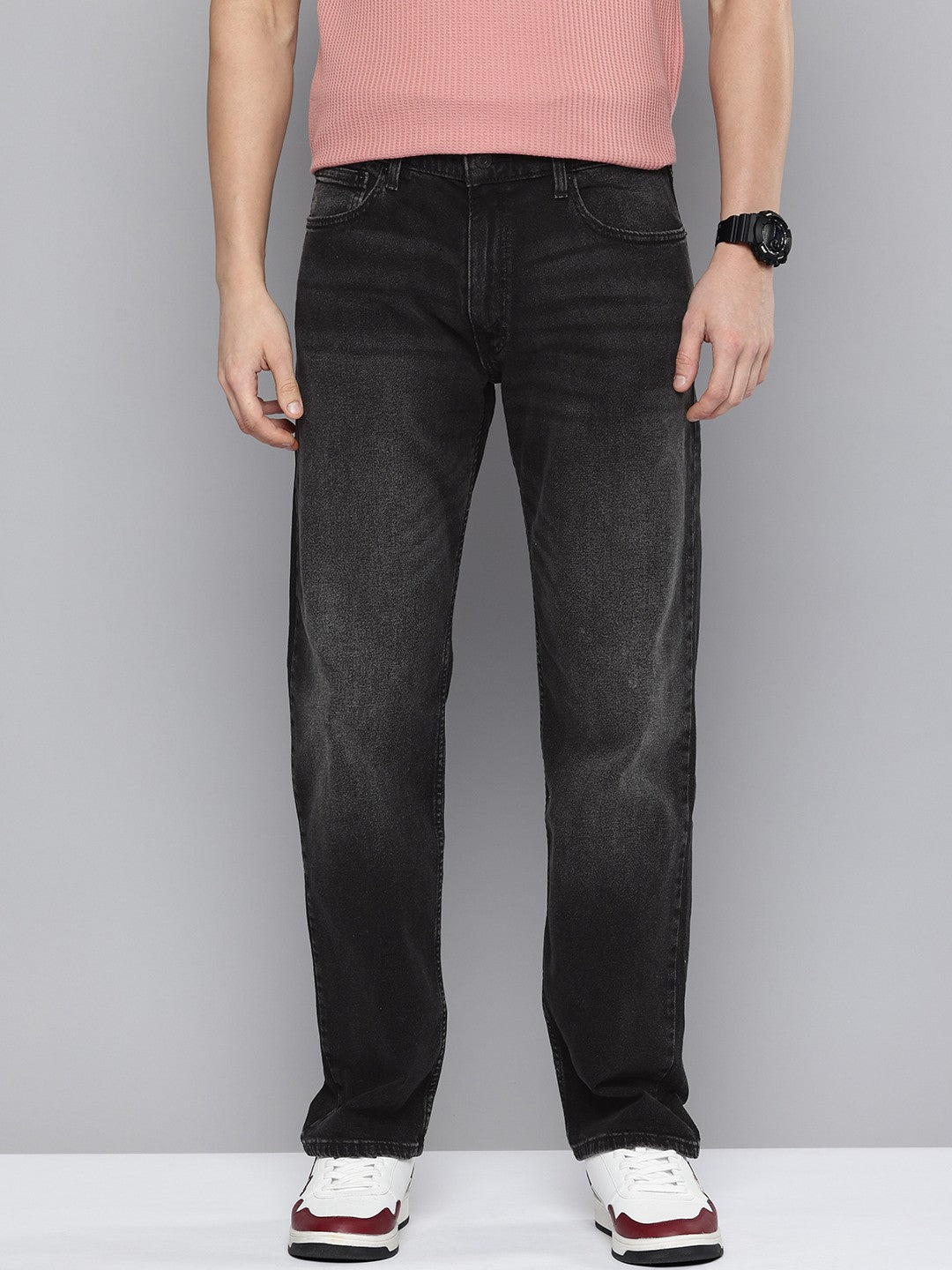 Men's 555'96 Black Relaxed Straight Fit Mid Rise Jeans