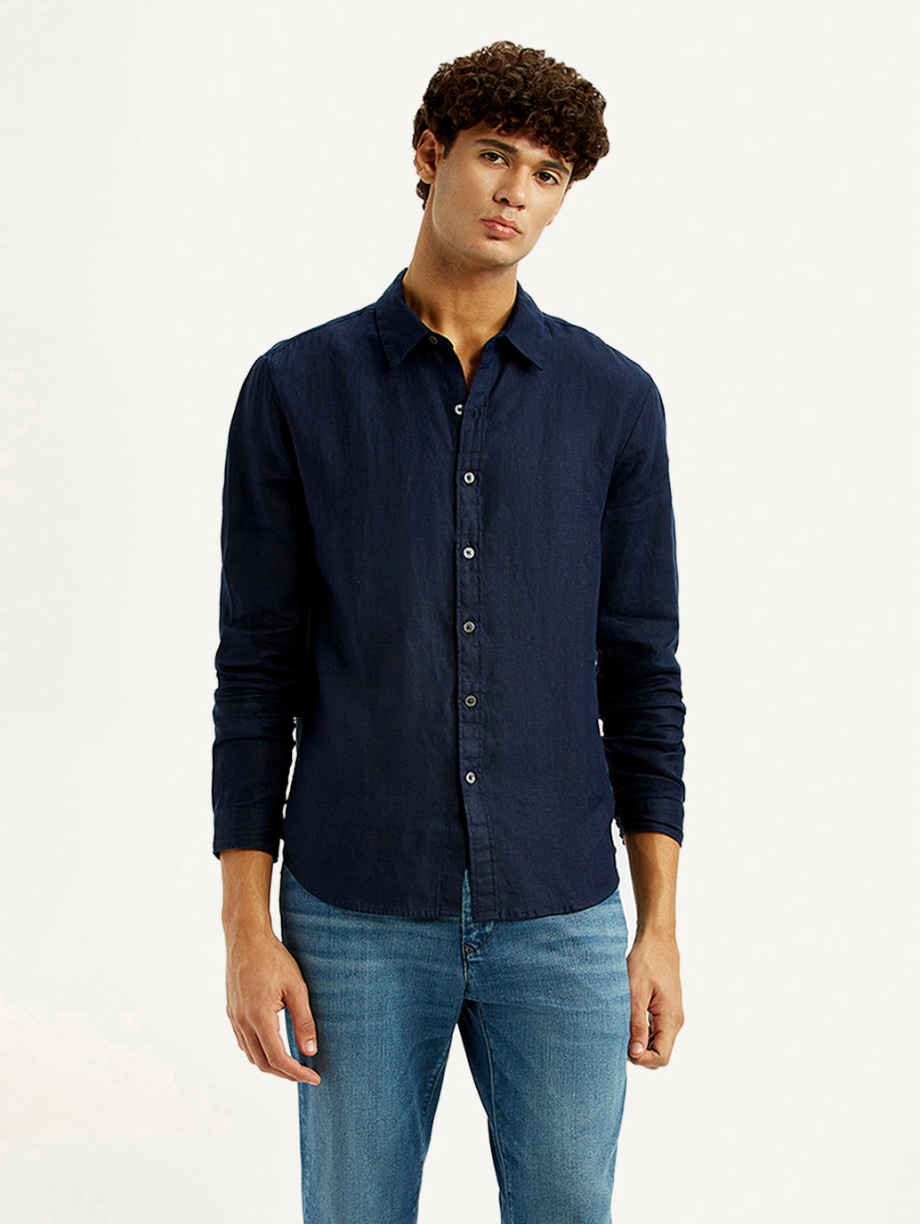 Men's Solid Dark Blue Slim Fit Shirt - Styleshot View