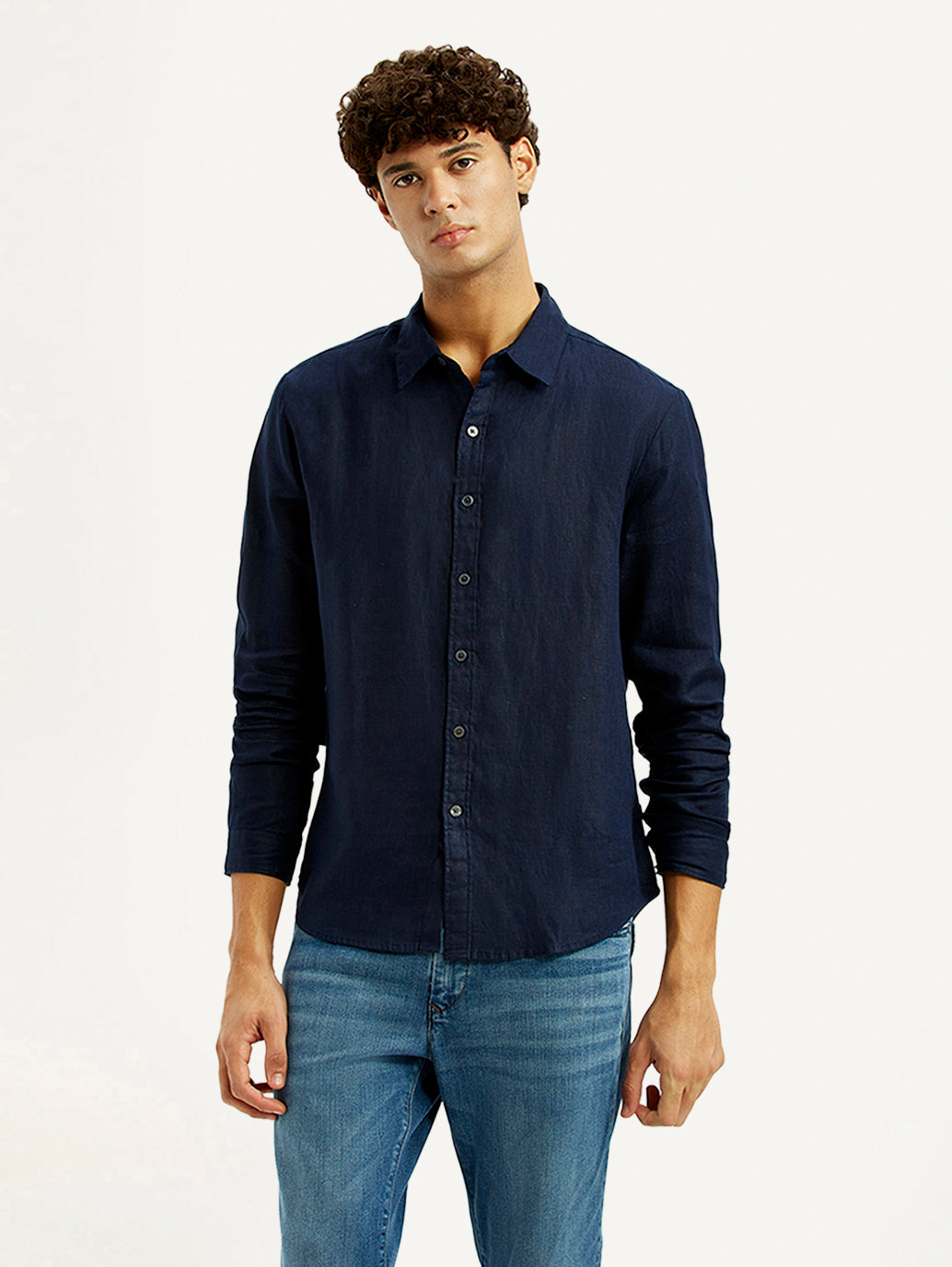Men's Solid Dark Blue Slim Fit Shirt - Front View