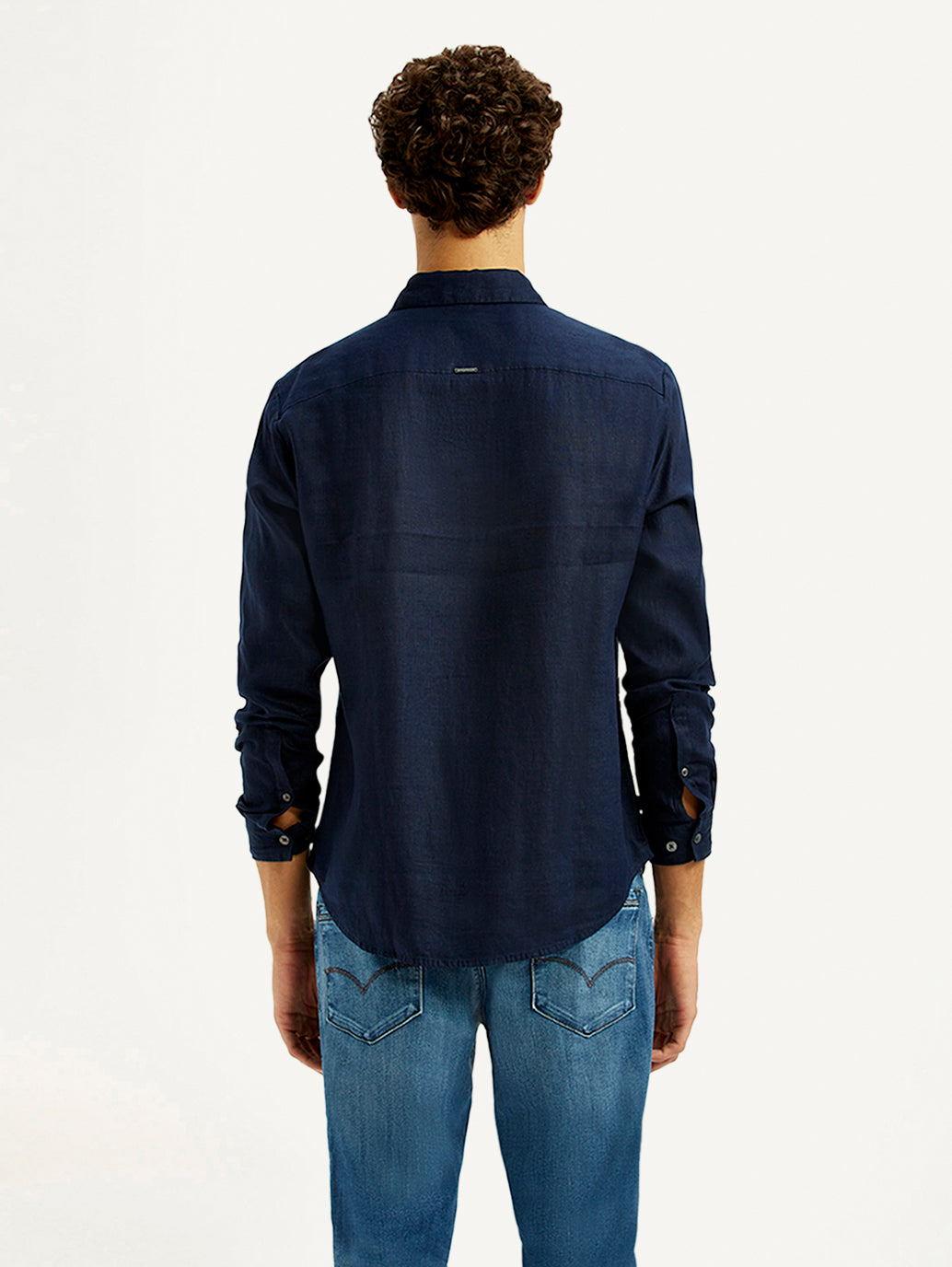 Men's Solid Dark Blue Slim Fit Shirt - Back View