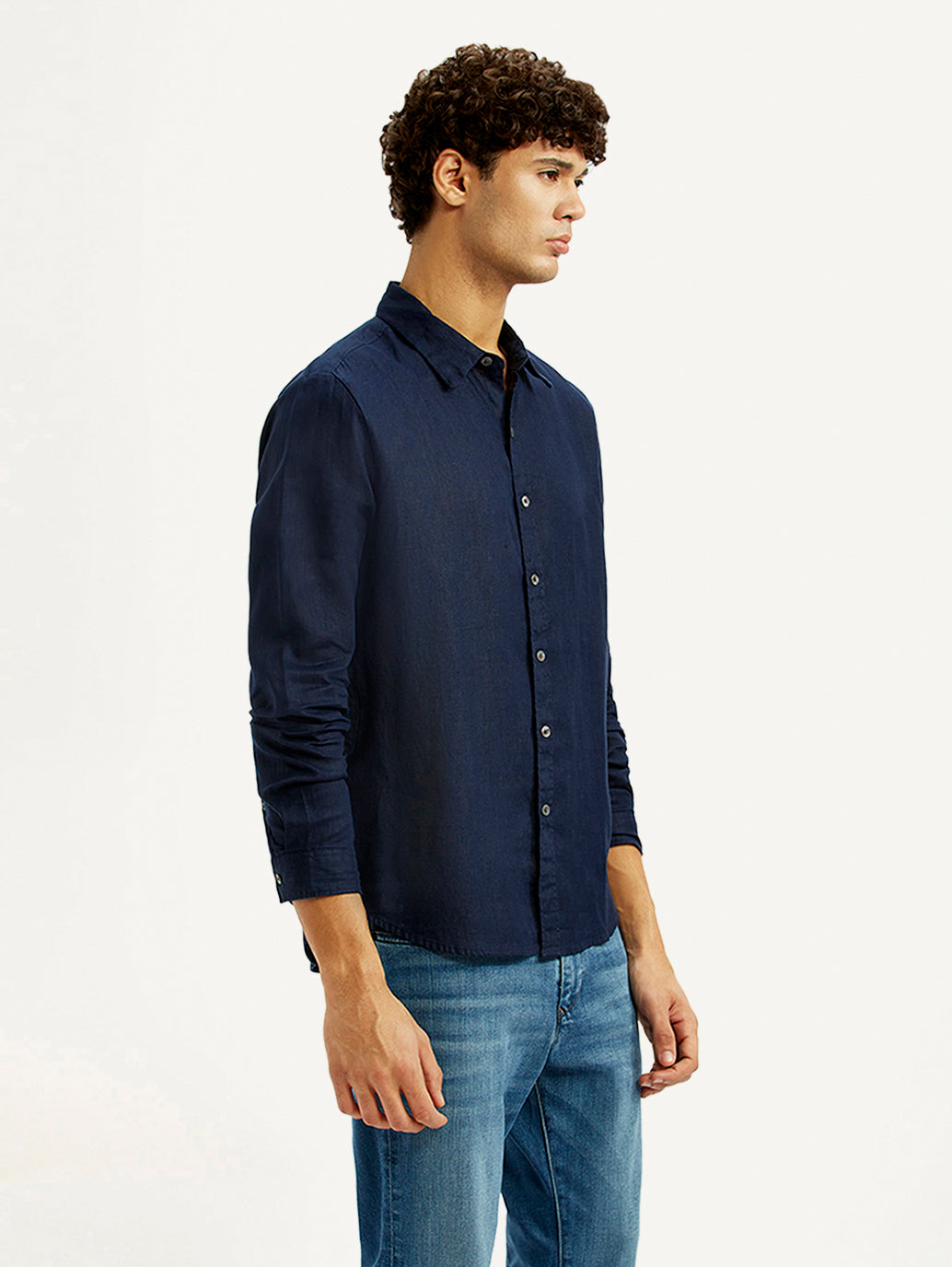 Men's Solid Dark Blue Slim Fit Shirt - Side View