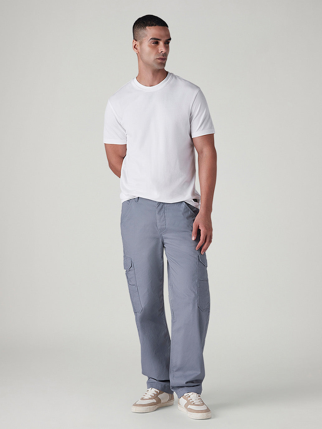 Men's Grey Straight Fit Mid Rise Cargos
