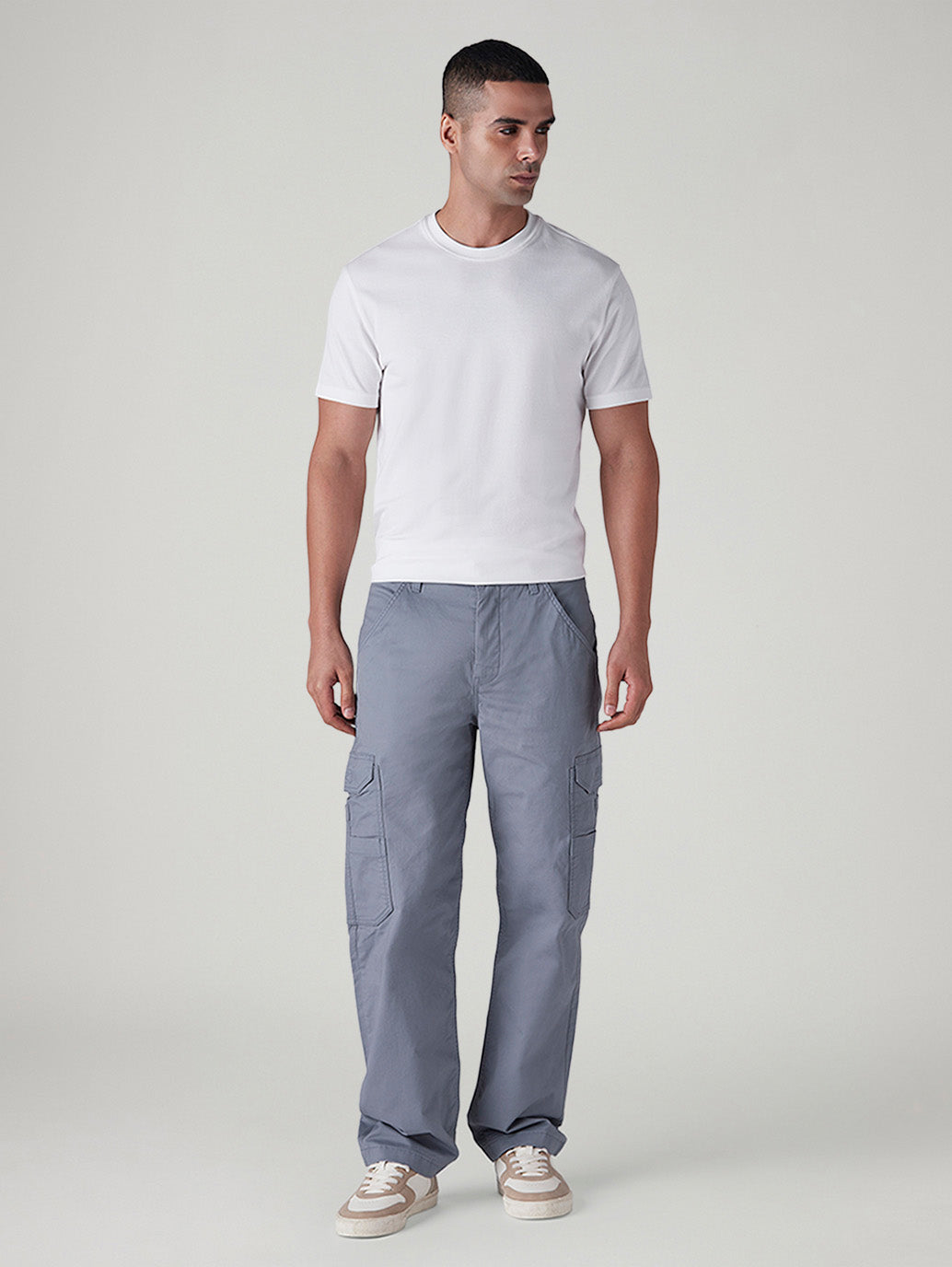 Men's Grey Straight Fit Mid Rise Cargos - Front View