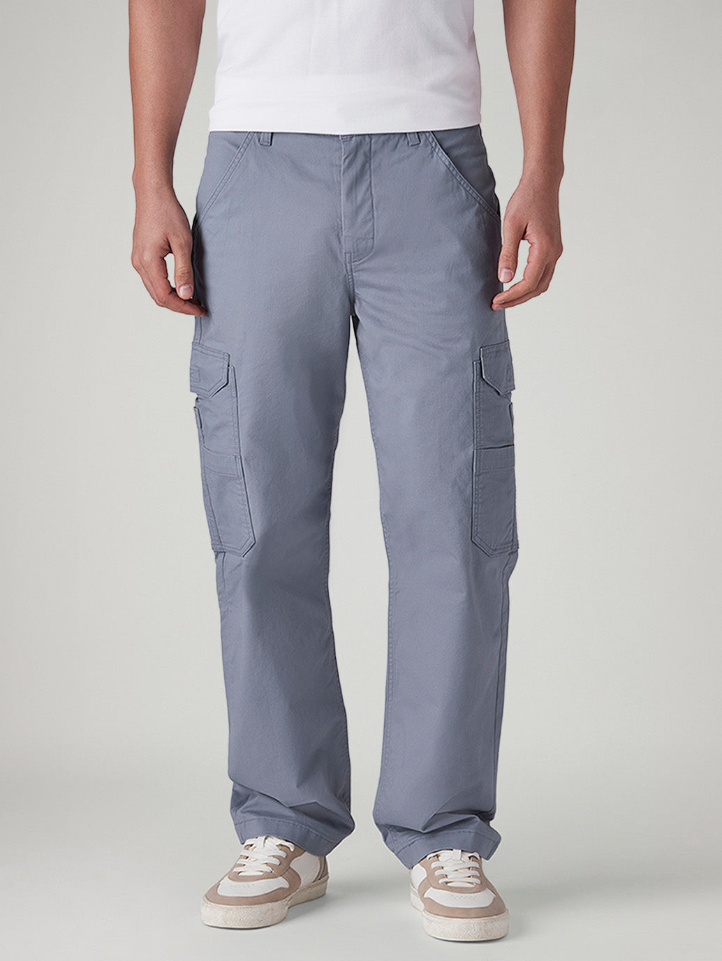 Men's Grey Straight Fit Mid Rise Cargos - Front View