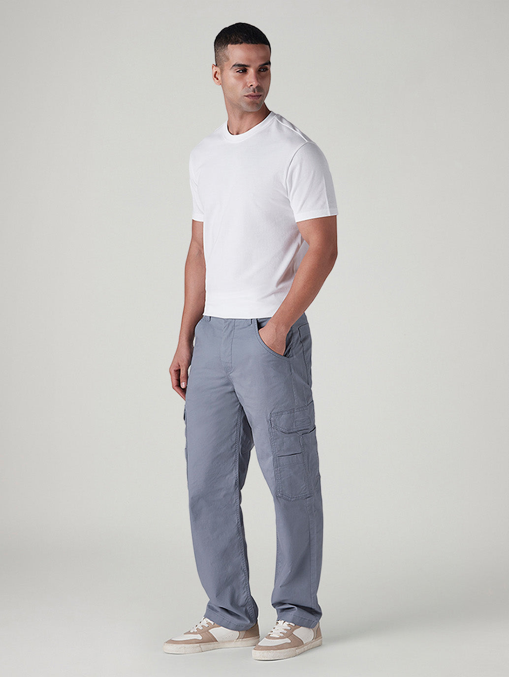 Men's Grey Straight Fit Mid Rise Cargos - Side View