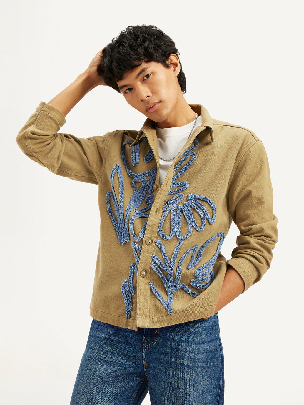 Men's Embroidered Brown Relaxed Fit Shacket