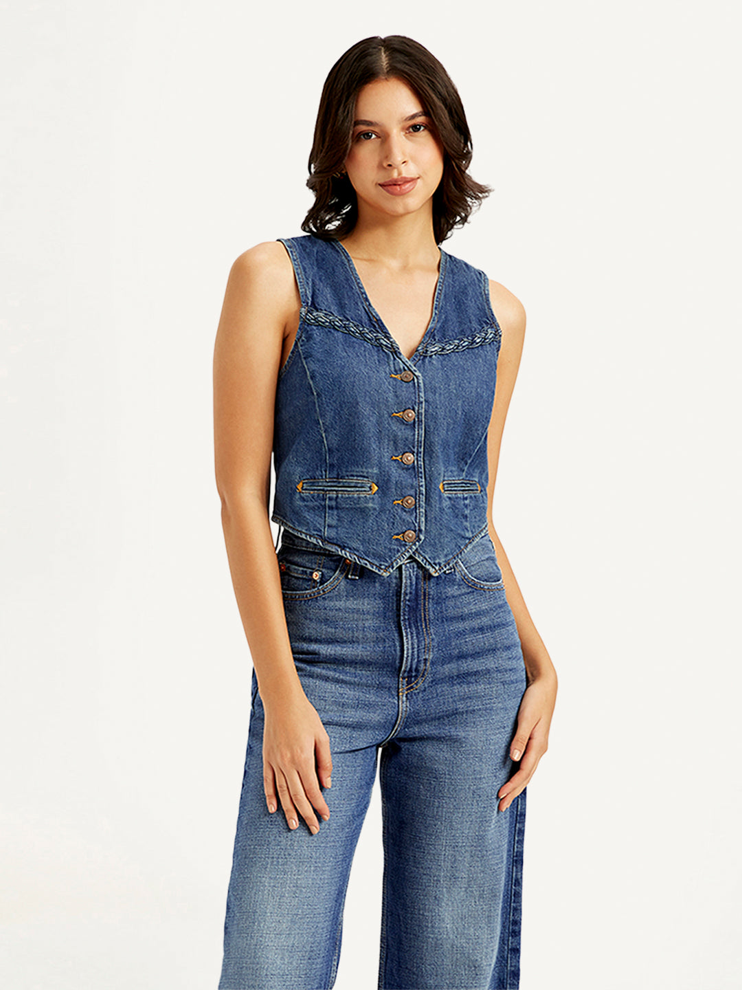 Women's Solid Blue Denim Waistcoat - 0bcfaedf63e44c93174d15c6f45506ff View