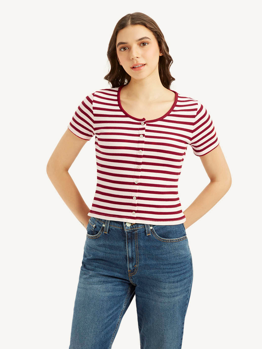 Women's Striped Red Round Neck Top