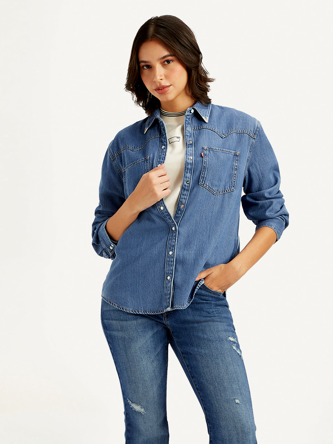 Women's Solid Relaxed Fit Denim Shirt - 155d3209875d0900f9d02fdd1c3647c1 View
